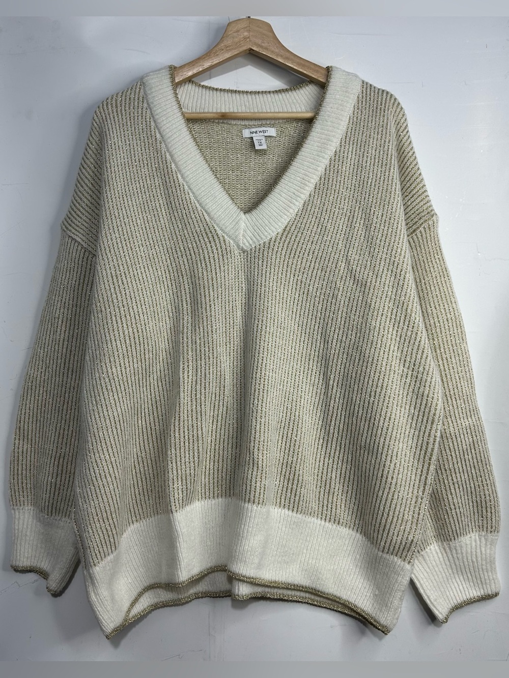 Nine West Beige and Cream V-Neck Ribbed Sweater